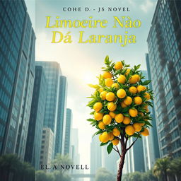 a book cover for a novel titled "Limoeiro Não Dá Laranja" featuring a metaphorical scene of a lemon tree full of vibrant yellow lemons in an unexpected urban city setting