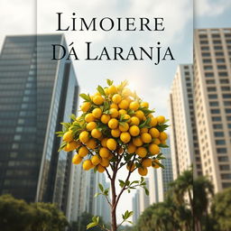 a book cover for a novel titled "Limoeiro Não Dá Laranja" featuring a metaphorical scene of a lemon tree full of vibrant yellow lemons in an unexpected urban city setting