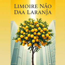 a book cover for a novel titled "Limoeiro Não Dá Laranja" featuring a metaphorical scene of a lemon tree full of vibrant yellow lemons in an unexpected urban city setting