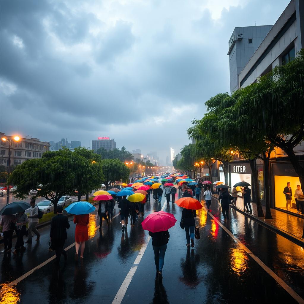 A serene and peaceful rainy cityscape, with glistening wet streets reflecting the soft, colorful glow of streetlights