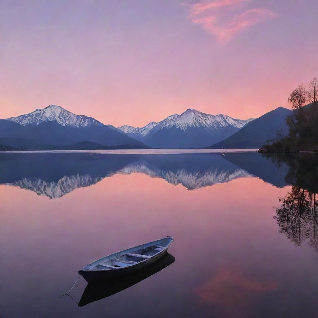 A magical sunset over a serene lake, with reflections of majestic mountains in the water, silhouettes of boats gently drifting, and a sky painted in hues of pink, orange and purple