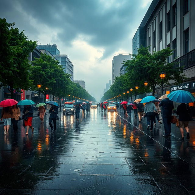 A serene and peaceful rainy cityscape, with glistening wet streets reflecting the soft, colorful glow of streetlights