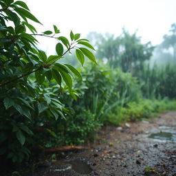 A serene landscape where gentle raindrops cascade down lush green leaves