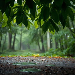 A serene landscape where gentle raindrops cascade down lush green leaves