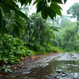 A serene landscape where gentle raindrops cascade down lush green leaves