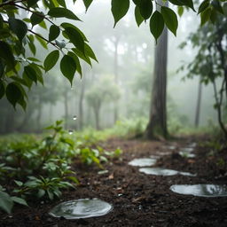 A serene landscape where gentle raindrops cascade down lush green leaves