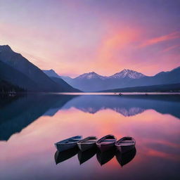 A magical sunset over a serene lake, with reflections of majestic mountains in the water, silhouettes of boats gently drifting, and a sky painted in hues of pink, orange and purple