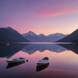 A magical sunset over a serene lake, with reflections of majestic mountains in the water, silhouettes of boats gently drifting, and a sky painted in hues of pink, orange and purple