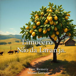 a book cover for a memoir titled "Limoeiro Não Dá Laranja," inspired by naturalism art and reflecting rural life in Minas Gerais, Brazil