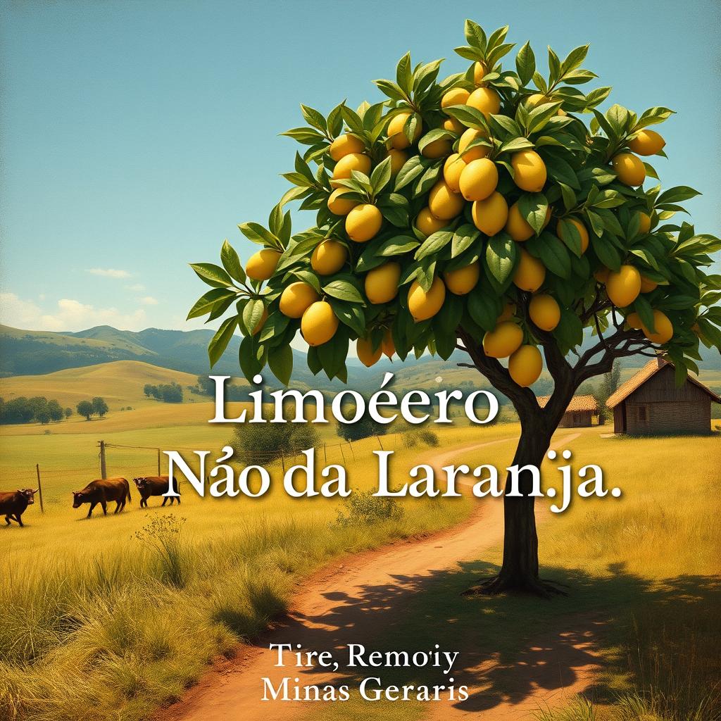 a book cover for a memoir titled "Limoeiro Não Dá Laranja," inspired by naturalism art and reflecting rural life in Minas Gerais, Brazil