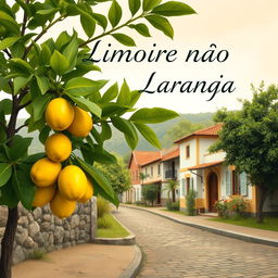 a book cover for a memoir titled "Limoeiro Não Dá Laranja," inspired by naturalism art, depicting life in a small town in Minas Gerais, Brazil