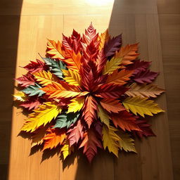 a carefully arranged display of assorted colorful autumn leaves on a wooden table, symmetrically organized with precision, exuding a sense of harmony and balance, the play of light and shadow adding depth and texture, a cozy warm ambiance reflected in the soft golden glow of the sunlight