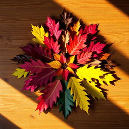 a carefully arranged display of assorted colorful autumn leaves on a wooden table, symmetrically organized with precision, exuding a sense of harmony and balance, the play of light and shadow adding depth and texture, a cozy warm ambiance reflected in the soft golden glow of the sunlight