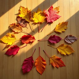 a carefully arranged display of assorted colorful autumn leaves on a wooden table, symmetrically organized with precision, exuding a sense of harmony and balance, the play of light and shadow adding depth and texture, a cozy warm ambiance reflected in the soft golden glow of the sunlight