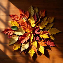 a carefully arranged display of assorted colorful autumn leaves on a wooden table, symmetrically organized with precision, exuding a sense of harmony and balance, the play of light and shadow adding depth and texture, a cozy warm ambiance reflected in the soft golden glow of the sunlight