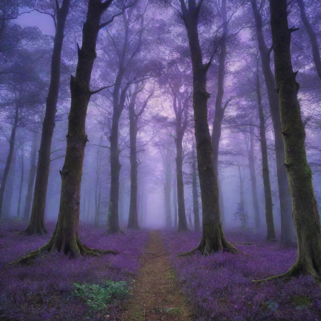 Generate a stunning image of a mystical forest bathed in twilight. It should brim with rich hues of purples and blues along with vivid wildlife flitting among ancient, towering trees.