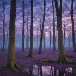 Generate a stunning image of a mystical forest bathed in twilight. It should brim with rich hues of purples and blues along with vivid wildlife flitting among ancient, towering trees.