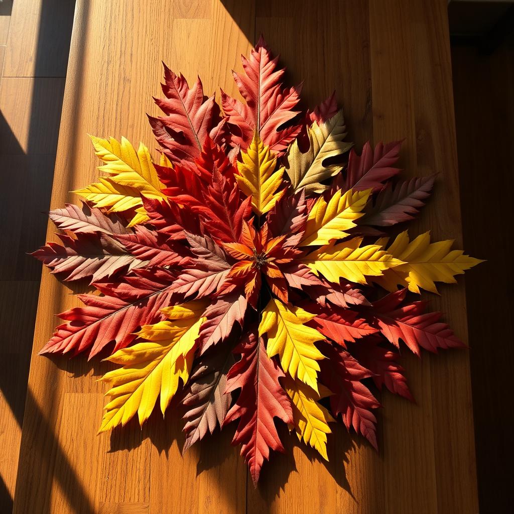 a carefully arranged display of assorted colorful autumn leaves on a wooden table, symmetrically organized with precision, exuding a sense of harmony and balance, the play of light and shadow adding depth and texture, a cozy warm ambiance reflected in the soft golden glow of the sunlight