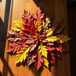 a carefully arranged display of assorted colorful autumn leaves on a wooden table, symmetrically organized with precision, exuding a sense of harmony and balance, the play of light and shadow adding depth and texture, a cozy warm ambiance reflected in the soft golden glow of the sunlight