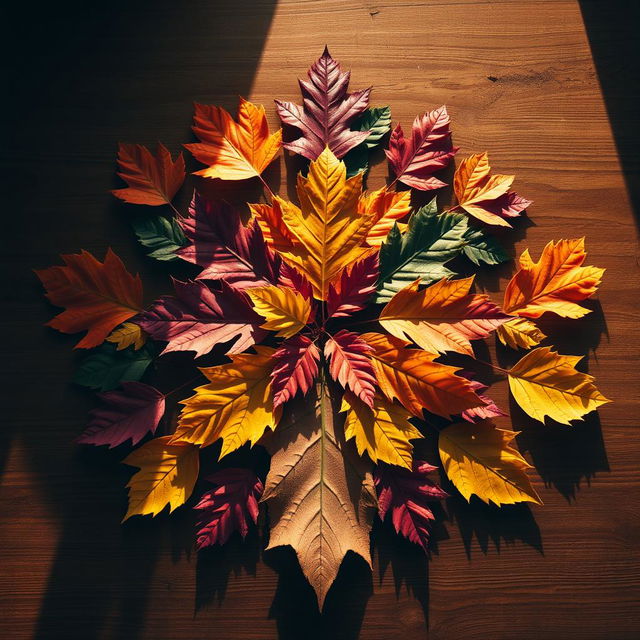 a carefully arranged display of assorted colorful autumn leaves on a wooden table, symmetrically organized with precision, exuding a sense of harmony and balance, the play of light and shadow adding depth and texture, a cozy warm ambiance reflected in the soft golden glow of the sunlight