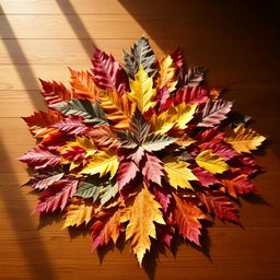 a carefully arranged display of assorted colorful autumn leaves on a wooden table, symmetrically organized with precision, exuding a sense of harmony and balance, the play of light and shadow adding depth and texture, a cozy warm ambiance reflected in the soft golden glow of the sunlight