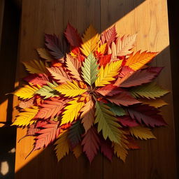 a carefully arranged display of assorted colorful autumn leaves on a wooden table, symmetrically organized with precision, exuding a sense of harmony and balance, the play of light and shadow adding depth and texture, a cozy warm ambiance reflected in the soft golden glow of the sunlight