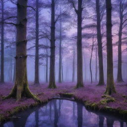 Generate a stunning image of a mystical forest bathed in twilight. It should brim with rich hues of purples and blues along with vivid wildlife flitting among ancient, towering trees.