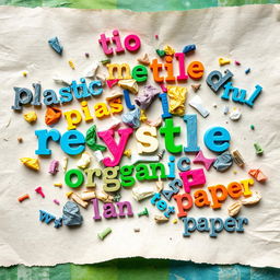 A vibrant collage of discarded words scattered across a page, each word uniquely styled and colored, representing different types of waste like 'plastic', 'metal', 'organic', 'paper', depicted in playful, artistic fonts, some words slightly crumpled or torn, illustrating the concept of recycling and environmental awareness