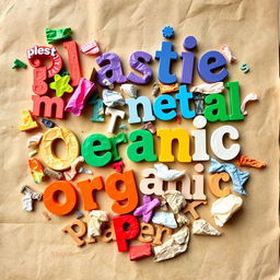 A vibrant collage of discarded words scattered across a page, each word uniquely styled and colored, representing different types of waste like 'plastic', 'metal', 'organic', 'paper', depicted in playful, artistic fonts, some words slightly crumpled or torn, illustrating the concept of recycling and environmental awareness