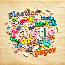 A vibrant collage of discarded words scattered across a page, each word uniquely styled and colored, representing different types of waste like 'plastic', 'metal', 'organic', 'paper', depicted in playful, artistic fonts, some words slightly crumpled or torn, illustrating the concept of recycling and environmental awareness