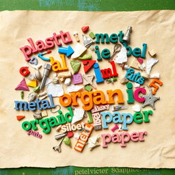 A vibrant collage of discarded words scattered across a page, each word uniquely styled and colored, representing different types of waste like 'plastic', 'metal', 'organic', 'paper', depicted in playful, artistic fonts, some words slightly crumpled or torn, illustrating the concept of recycling and environmental awareness