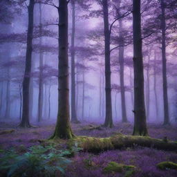 Generate a stunning image of a mystical forest bathed in twilight. It should brim with rich hues of purples and blues along with vivid wildlife flitting among ancient, towering trees.