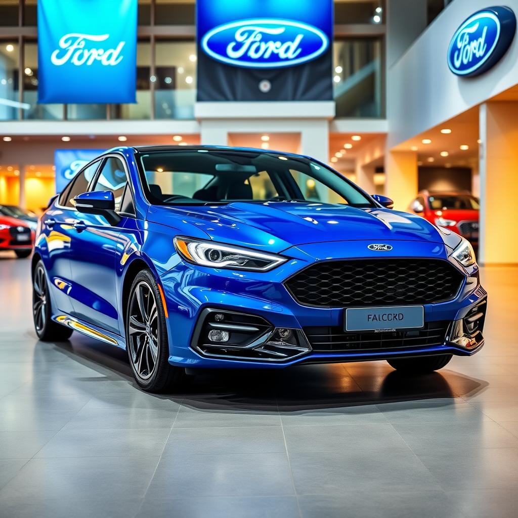 A 2025 blue Ford Falcon with an aggressive front end design