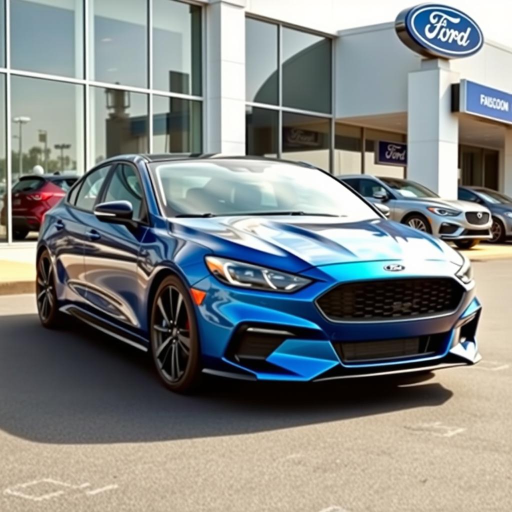 A 2025 blue Ford Falcon with an aggressive front end design, parked prominently at a Ford dealership