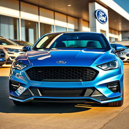 A 2025 blue Ford Falcon with an aggressive front end design, parked prominently at a Ford dealership