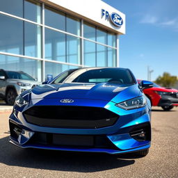 A 2025 blue Ford Falcon with an aggressive front end design, parked prominently at a Ford dealership