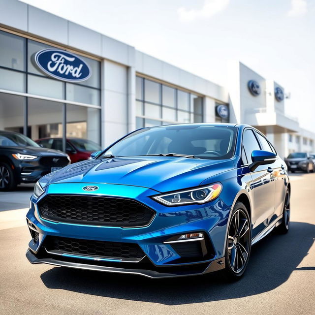 A 2025 blue Ford Falcon with an aggressive front end design, parked prominently at a Ford dealership