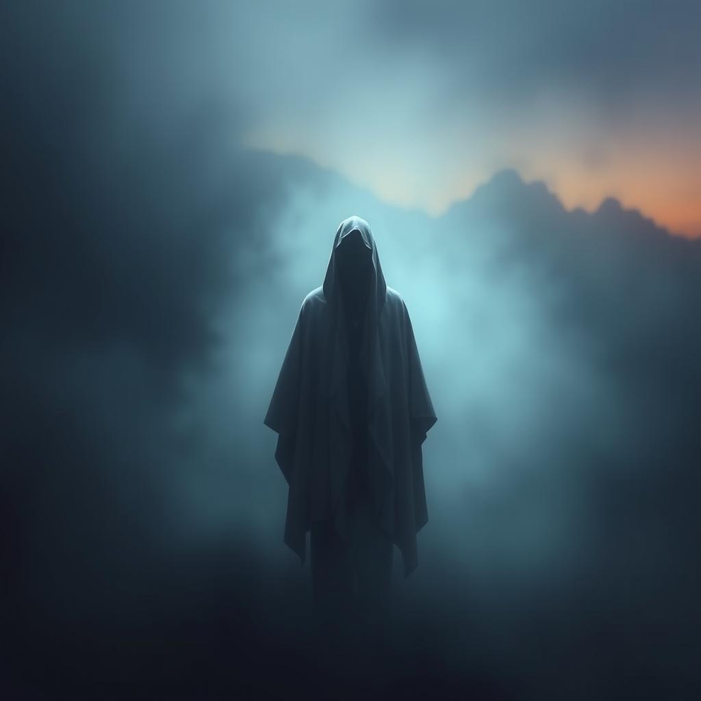 A surreal scene depicting a mysterious figure standing in a misty, ethereal landscape