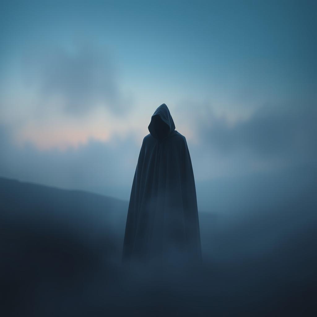 A surreal scene depicting a mysterious figure standing in a misty, ethereal landscape