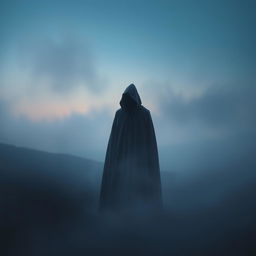 A surreal scene depicting a mysterious figure standing in a misty, ethereal landscape