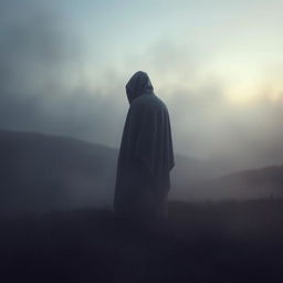 A surreal scene depicting a mysterious figure standing in a misty, ethereal landscape