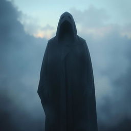 A surreal scene depicting a mysterious figure standing in a misty, ethereal landscape