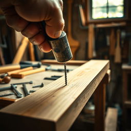 A metaphorical representation of the phrase 'hit the nail on the head,' featuring a close-up action shot where a strong hand holds a hammer, poised to strike a nail perfectly centered on a wooden board