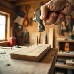 A metaphorical representation of the phrase 'hit the nail on the head,' featuring a close-up action shot where a strong hand holds a hammer, poised to strike a nail perfectly centered on a wooden board