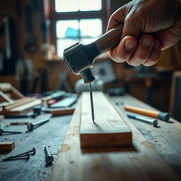 A metaphorical representation of the phrase 'hit the nail on the head,' featuring a close-up action shot where a strong hand holds a hammer, poised to strike a nail perfectly centered on a wooden board