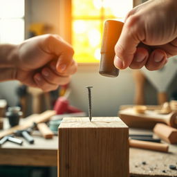 A metaphorical representation of the phrase 'hit the nail on the head,' featuring a close-up action shot where a strong hand holds a hammer, poised to strike a nail perfectly centered on a wooden board