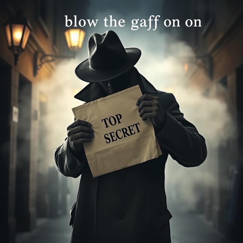 A dramatic scene depicting the phrase 'blow the gaff on,' showing a shadowy figure in a trench coat and hat, reminiscent of a 1940s detective, discreetly unveiling a confidential document with the words 'TOP SECRET' stamped on it