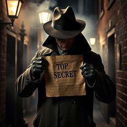 A dramatic scene depicting the phrase 'blow the gaff on,' showing a shadowy figure in a trench coat and hat, reminiscent of a 1940s detective, discreetly unveiling a confidential document with the words 'TOP SECRET' stamped on it