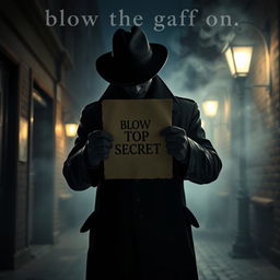 A dramatic scene depicting the phrase 'blow the gaff on,' showing a shadowy figure in a trench coat and hat, reminiscent of a 1940s detective, discreetly unveiling a confidential document with the words 'TOP SECRET' stamped on it