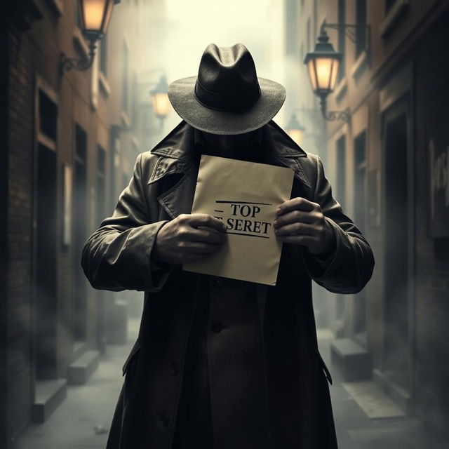 A dramatic scene depicting the phrase 'blow the gaff on,' showing a shadowy figure in a trench coat and hat, reminiscent of a 1940s detective, discreetly unveiling a confidential document with the words 'TOP SECRET' stamped on it